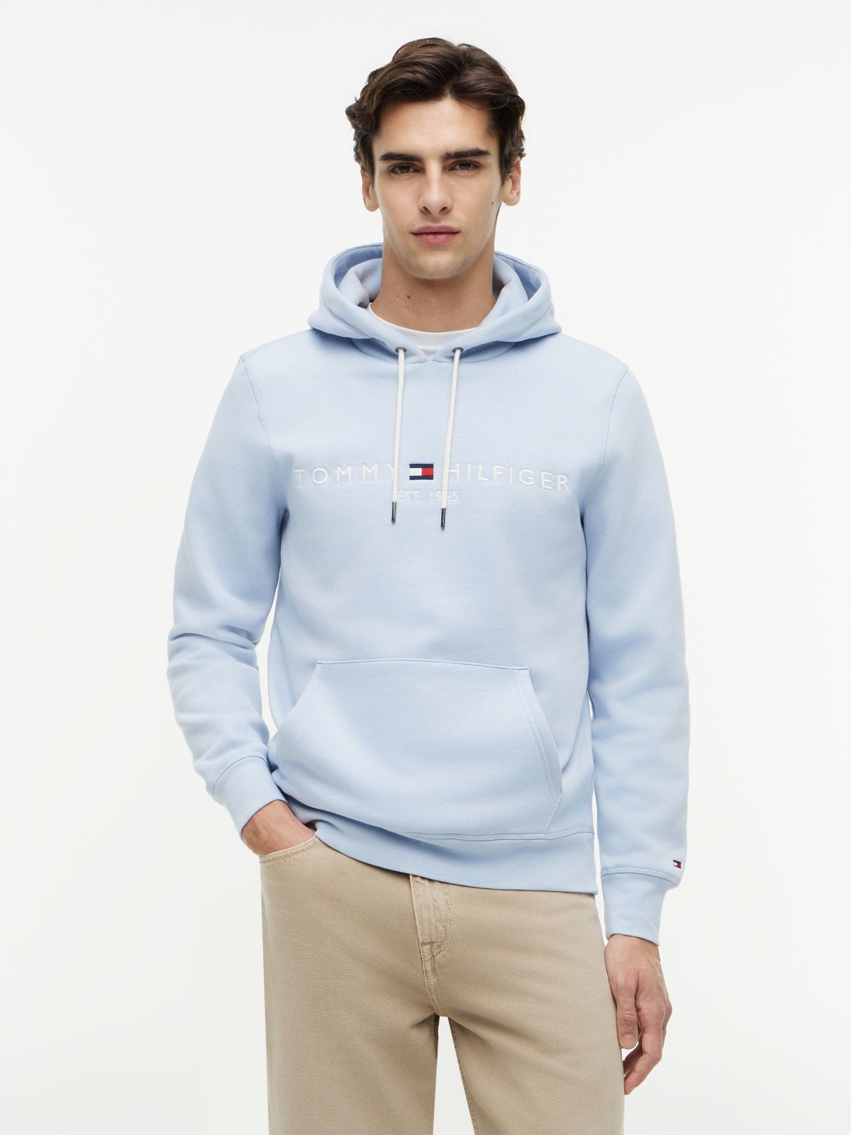Logo Embroidery Fleece Drawstring Hoody — Blue
