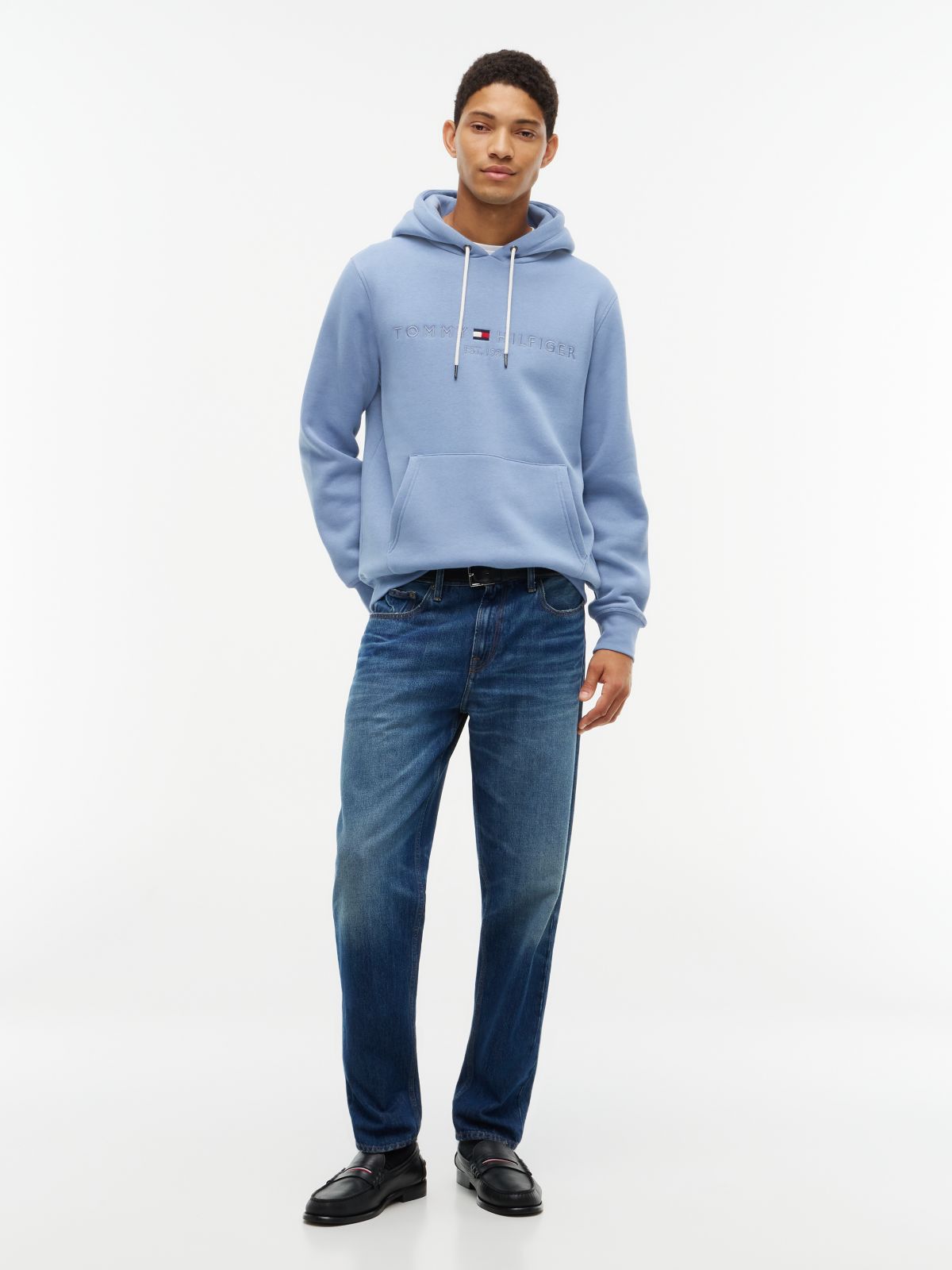 Logo Embroidery Fleece Drawstring Hoody — Blue