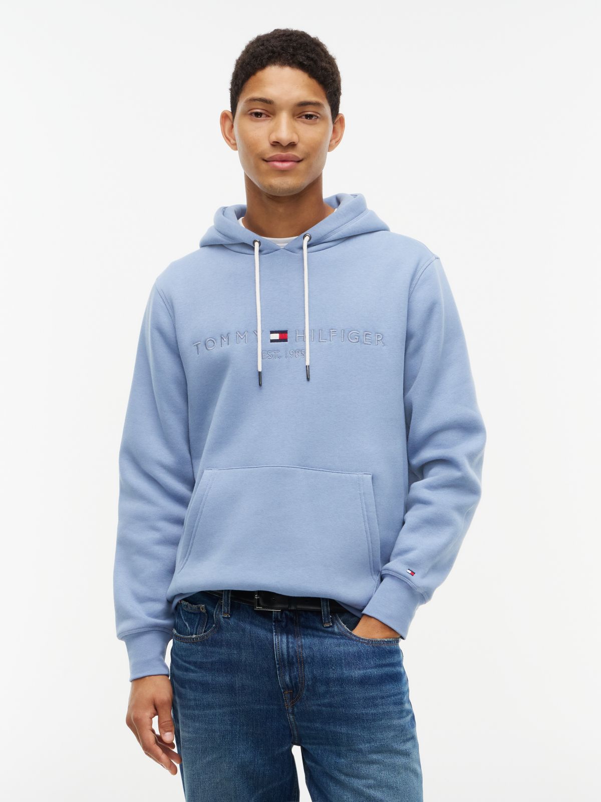 Logo Embroidery Fleece Drawstring Hoody — Blue