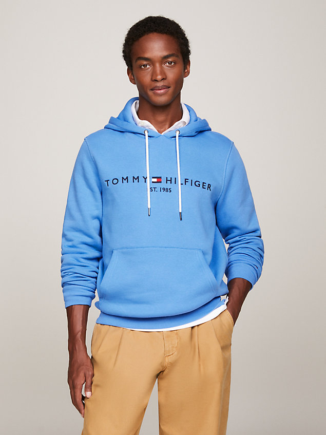 blue hoodie met trekkoord en geborduurd logo voor heren - tommy hilfiger
