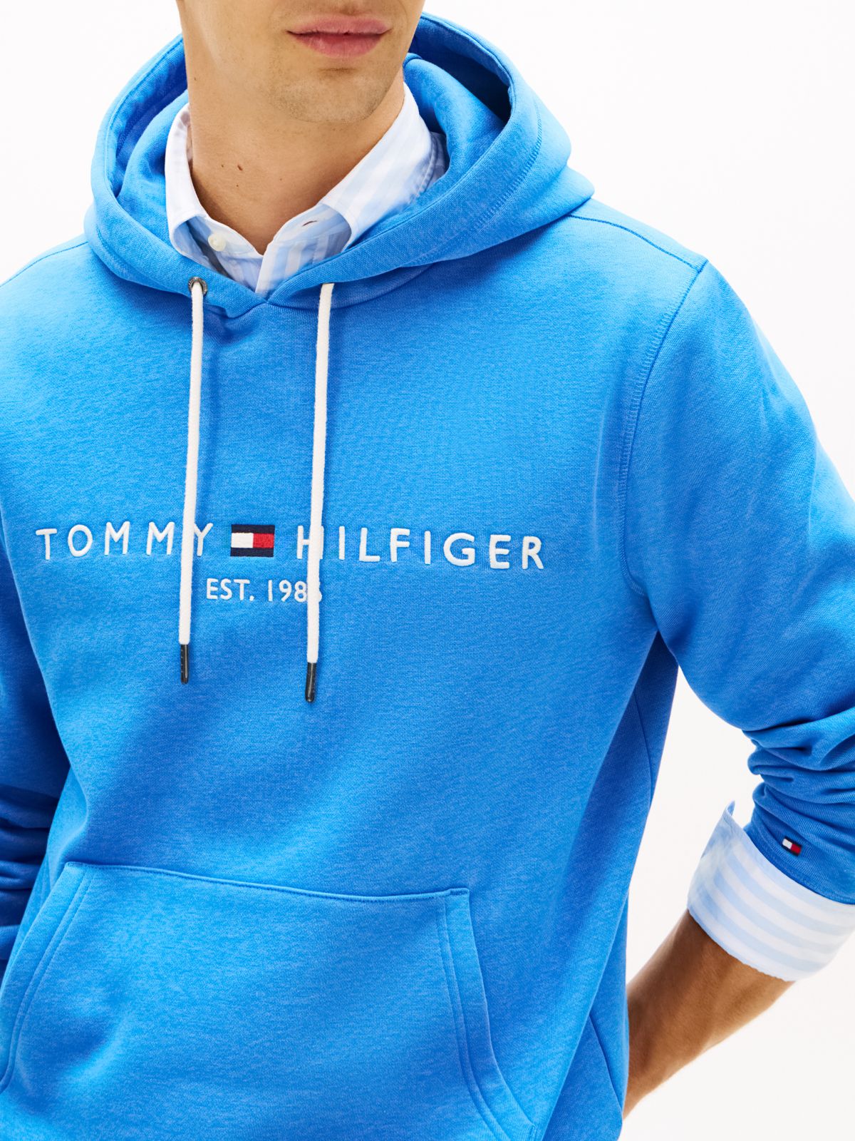 Logo Embroidery Fleece Drawstring Hoody — Blue