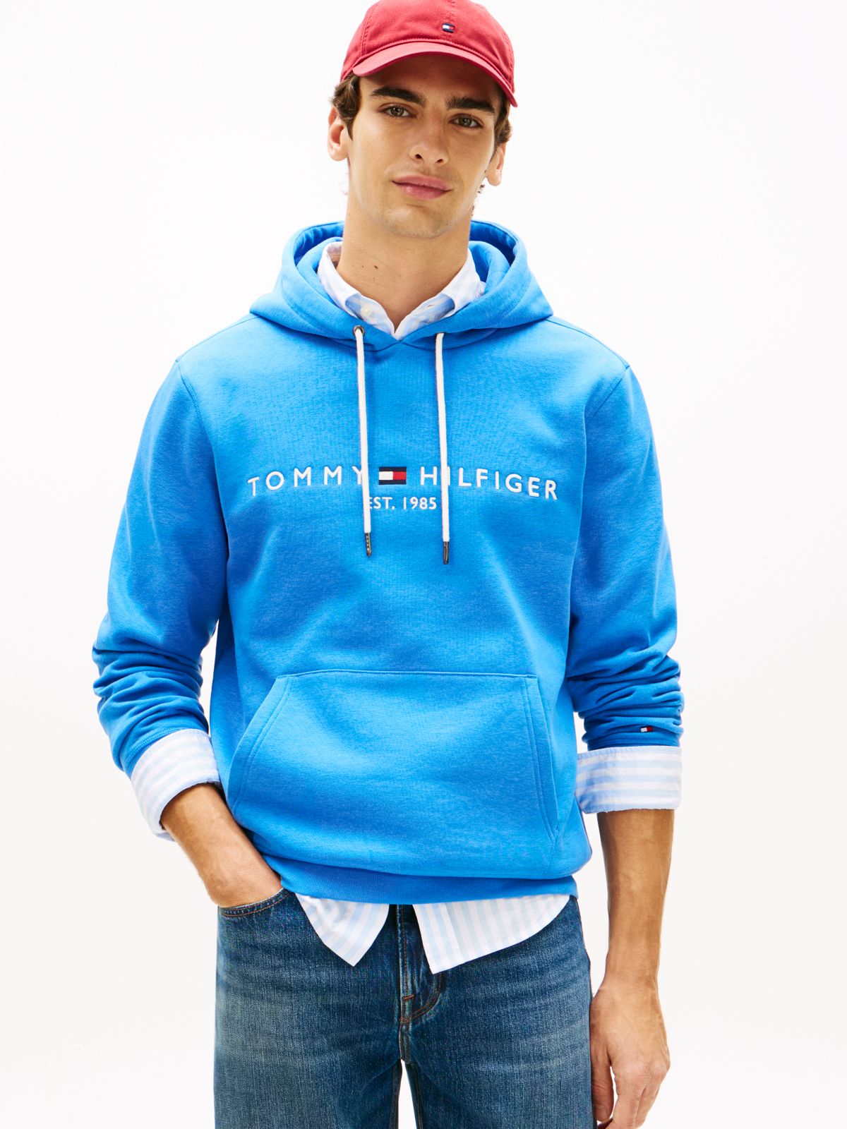 Logo Embroidery Fleece Drawstring Hoody — Blue
