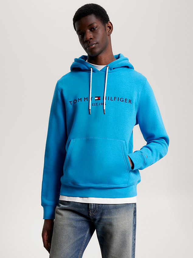 blue hoodie met contrasterend trekkoord en logo voor heren - tommy hilfiger