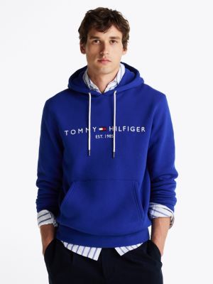 blue hoodie met geborduurd logo voor heren - tommy hilfiger