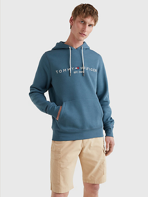 blue logo fleece hoody for men tommy hilfiger