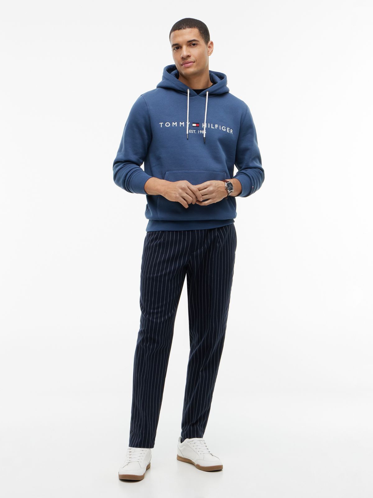 Logo Embroidery Fleece Drawstring Hoody — Blue
