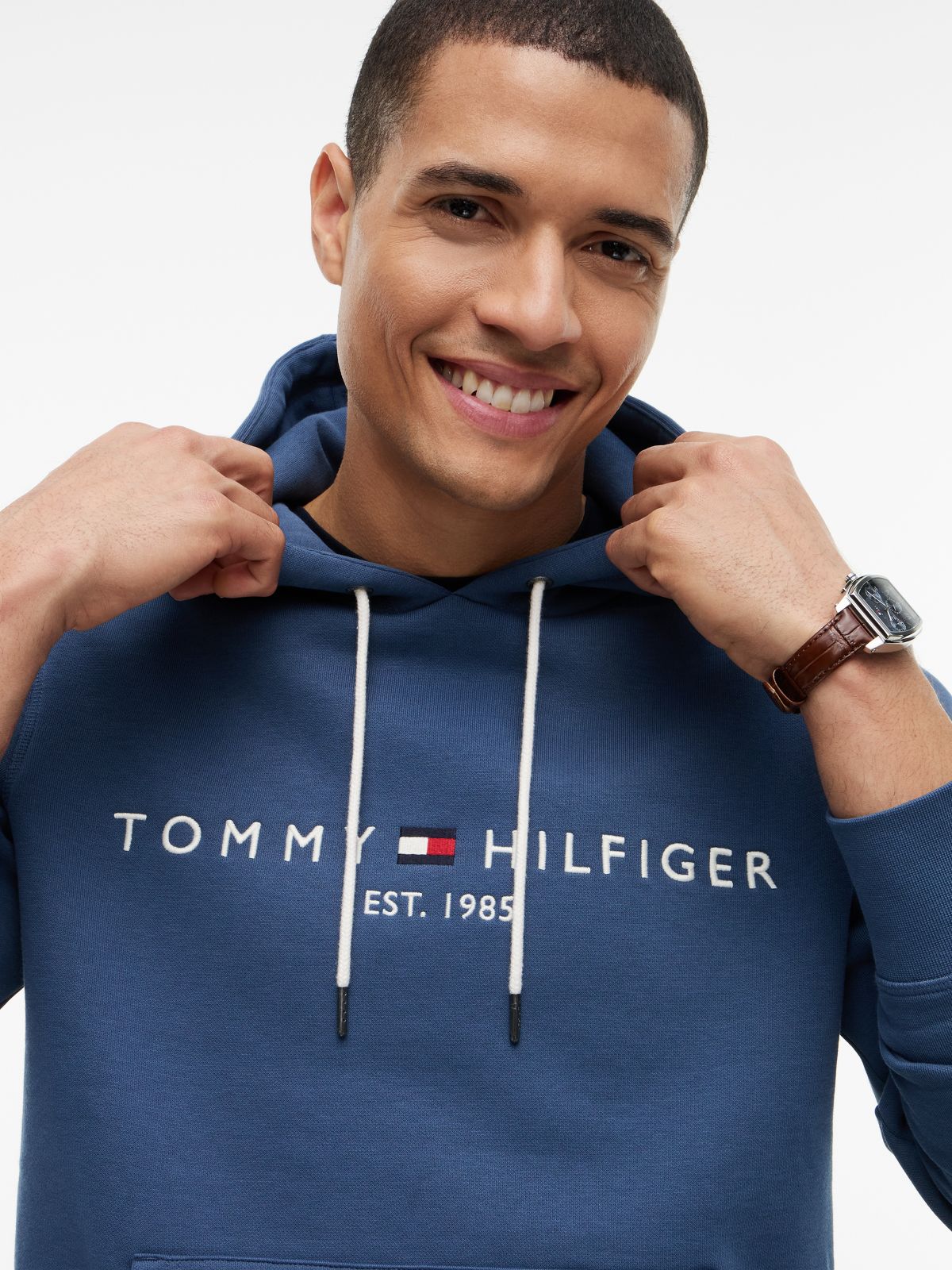Logo Embroidery Fleece Drawstring Hoody — Blue