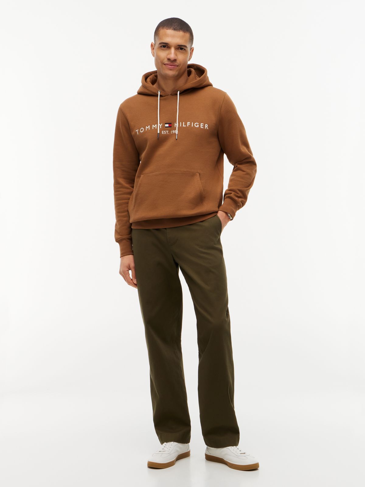 Logo Embroidery Fleece Drawstring Hoody — Brown