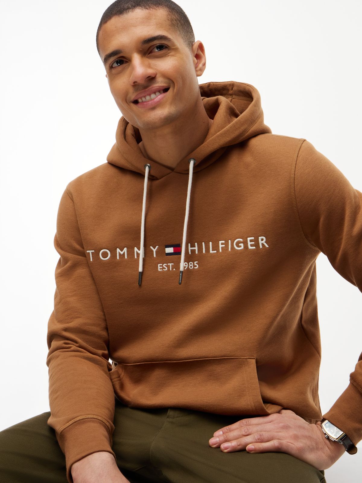 Logo Embroidery Fleece Drawstring Hoody — Brown