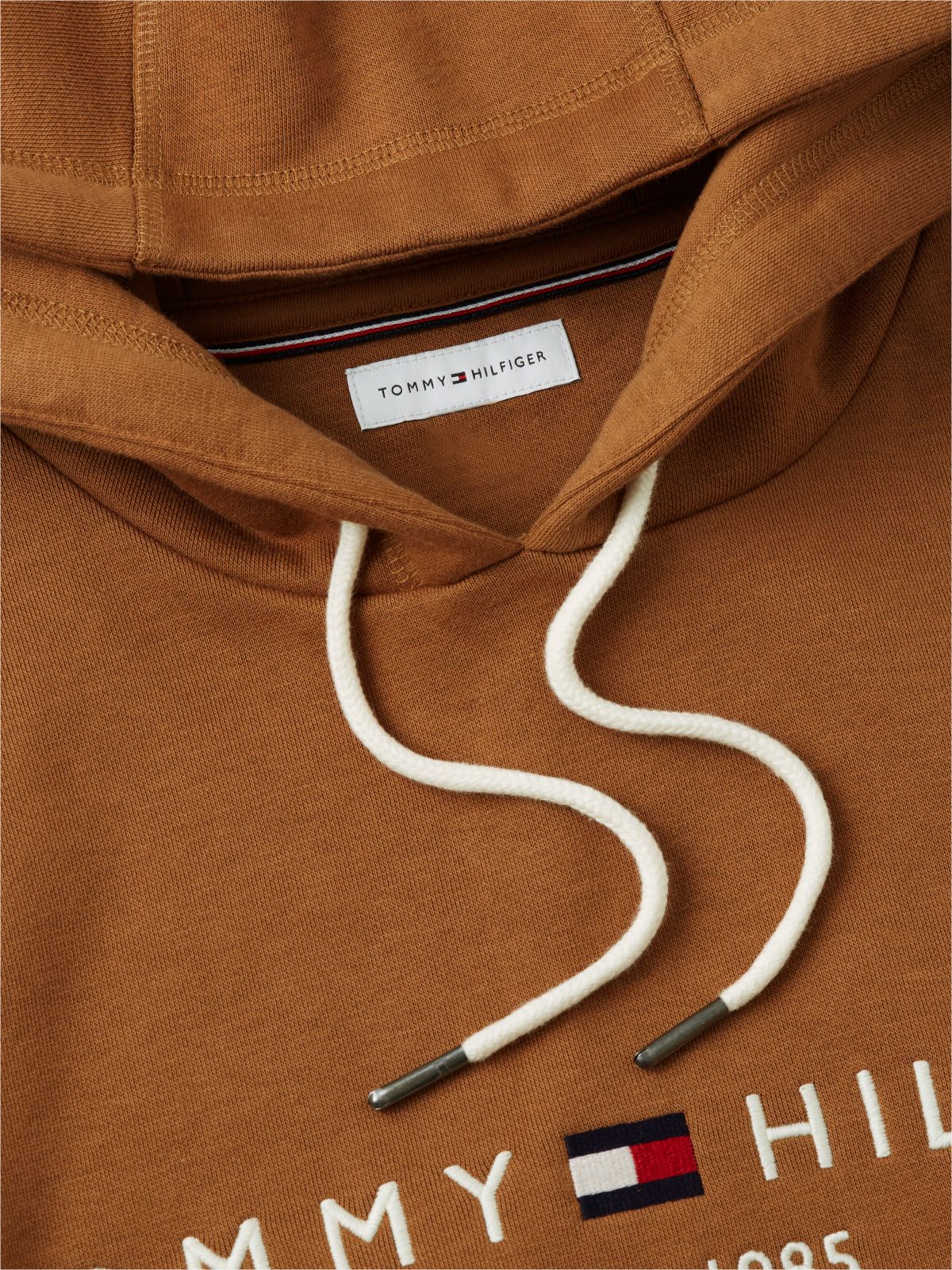 Logo Embroidery Fleece Drawstring Hoody — Brown