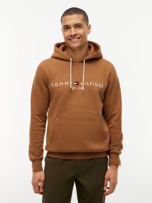 sweat à capuche en molleton à cordon et logo brown pour hommes tommy hilfiger