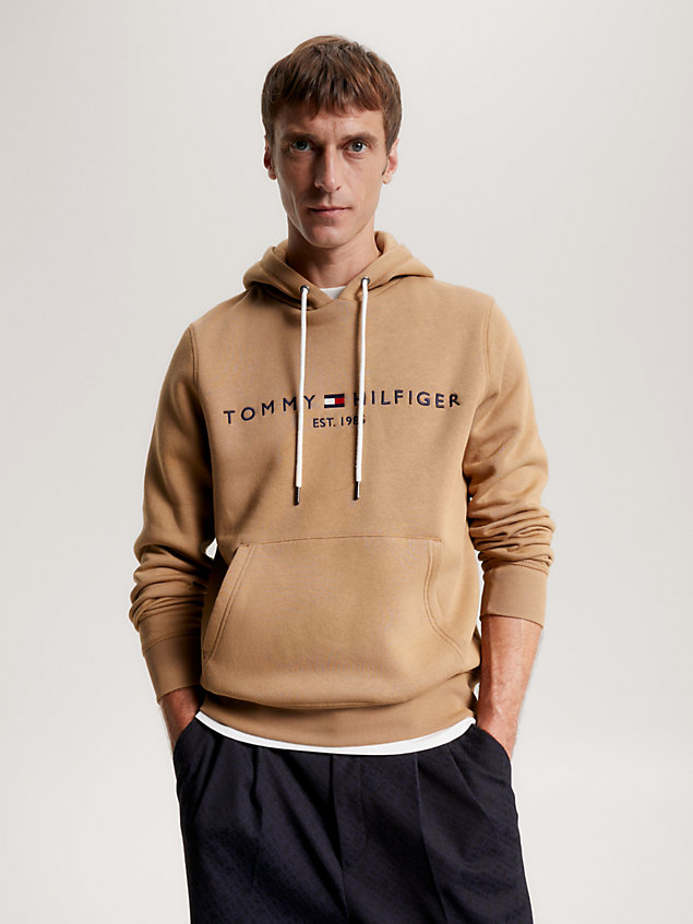 brown hoodie met contrasterend trekkoord en logo voor heren - tommy hilfiger