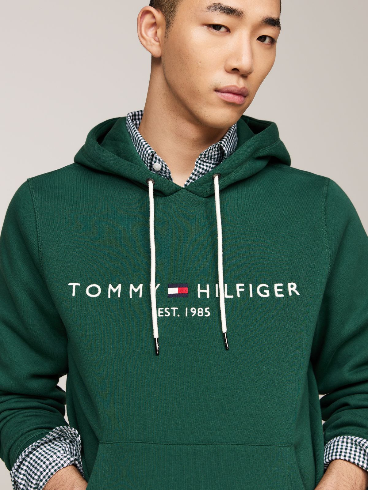 Logo Embroidery Fleece Drawstring Hoody — Green