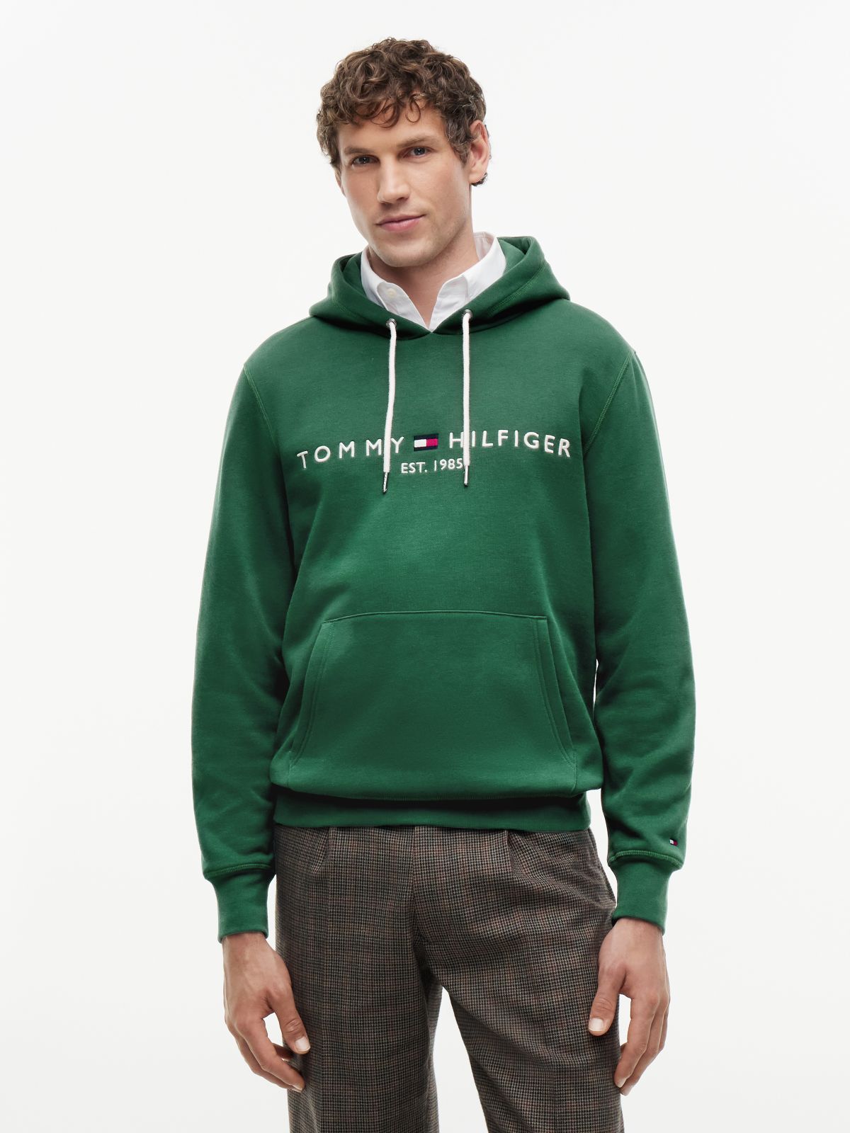 Logo Embroidery Fleece Drawstring Hoody — Green