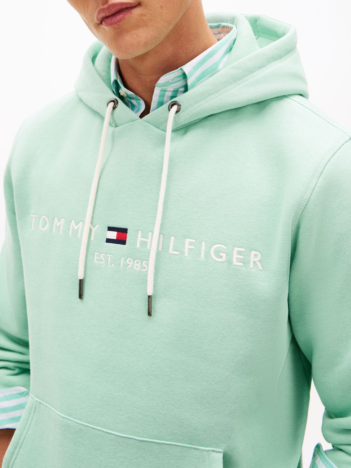 Logo Embroidery Fleece Drawstring Hoody — Green