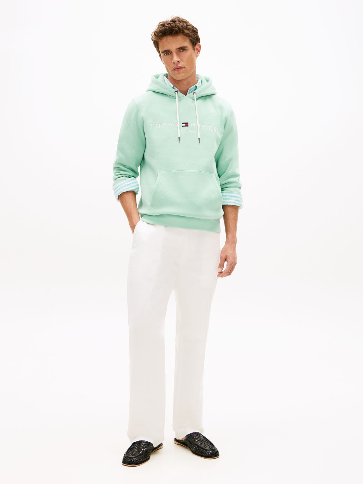 Logo Embroidery Fleece Drawstring Hoody — Green