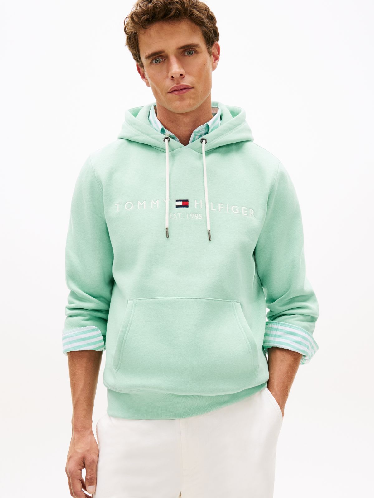 Logo Embroidery Fleece Drawstring Hoody — Green