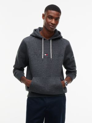 grey logo embroidery fleece drawstring hoody for men tommy hilfiger