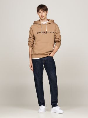 felpa con cappuccio, lacci e logo beige da uomini tommy hilfiger