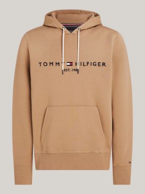 felpa con cappuccio, lacci e logo beige da uomini tommy hilfiger