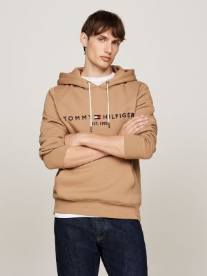 felpa con cappuccio, lacci e logo beige da uomini tommy hilfiger