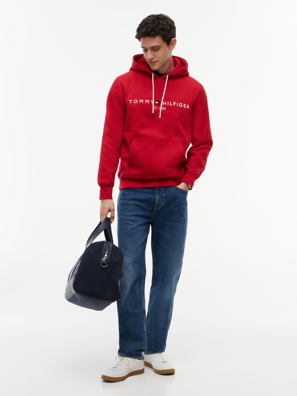 Logo Embroidery Fleece Drawstring Hoody — Red