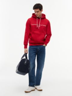 Logo Embroidery Fleece Drawstring Hoody — Red 2