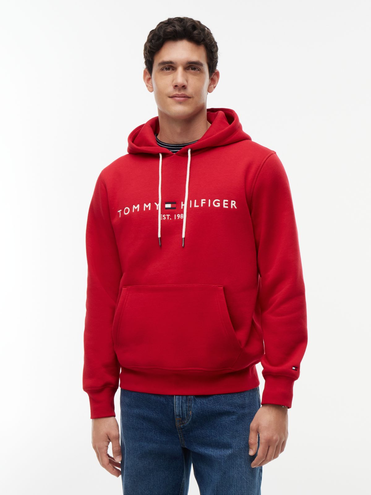 Logo Embroidery Fleece Drawstring Hoody — Red