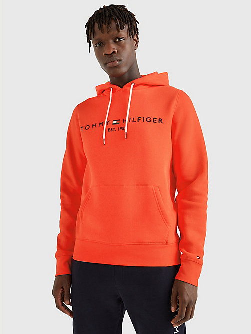 orange logo fleece hoody for men tommy hilfiger