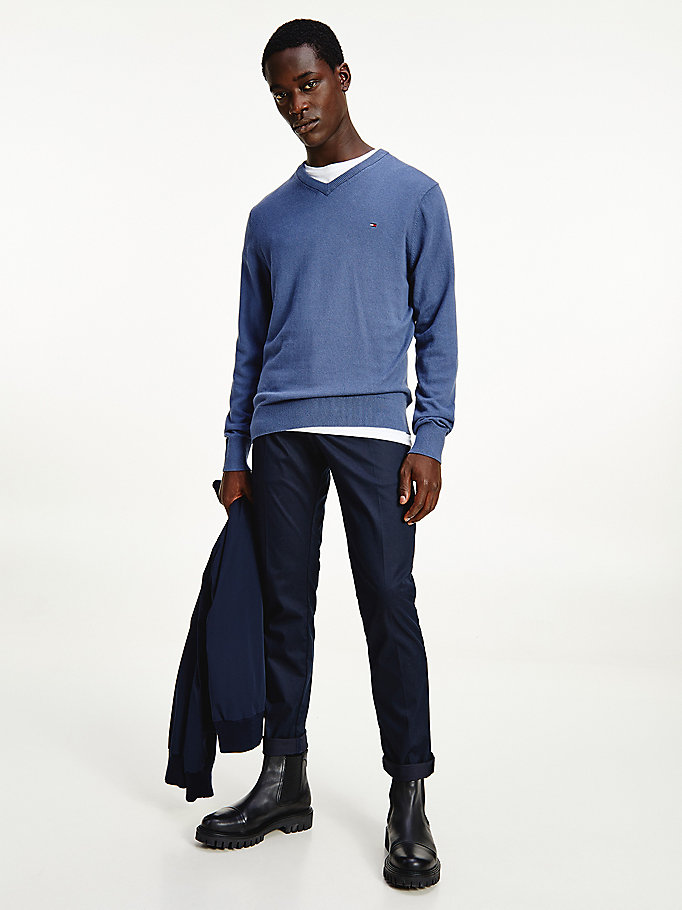 blue pima cotton cashmere v-neck jumper for men tommy hilfiger