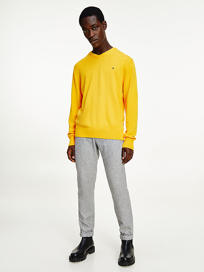 yellow pima cotton cashmere v-neck jumper for men tommy hilfiger
