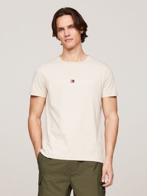 beige logo embroidery slim t-shirt for men tommy hilfiger