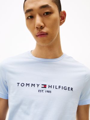 camiseta slim con logo bordado azul de hombres tommy hilfiger