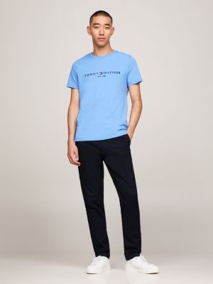 blue slim fit t-shirt mit logo-stickerei für herren - tommy hilfiger