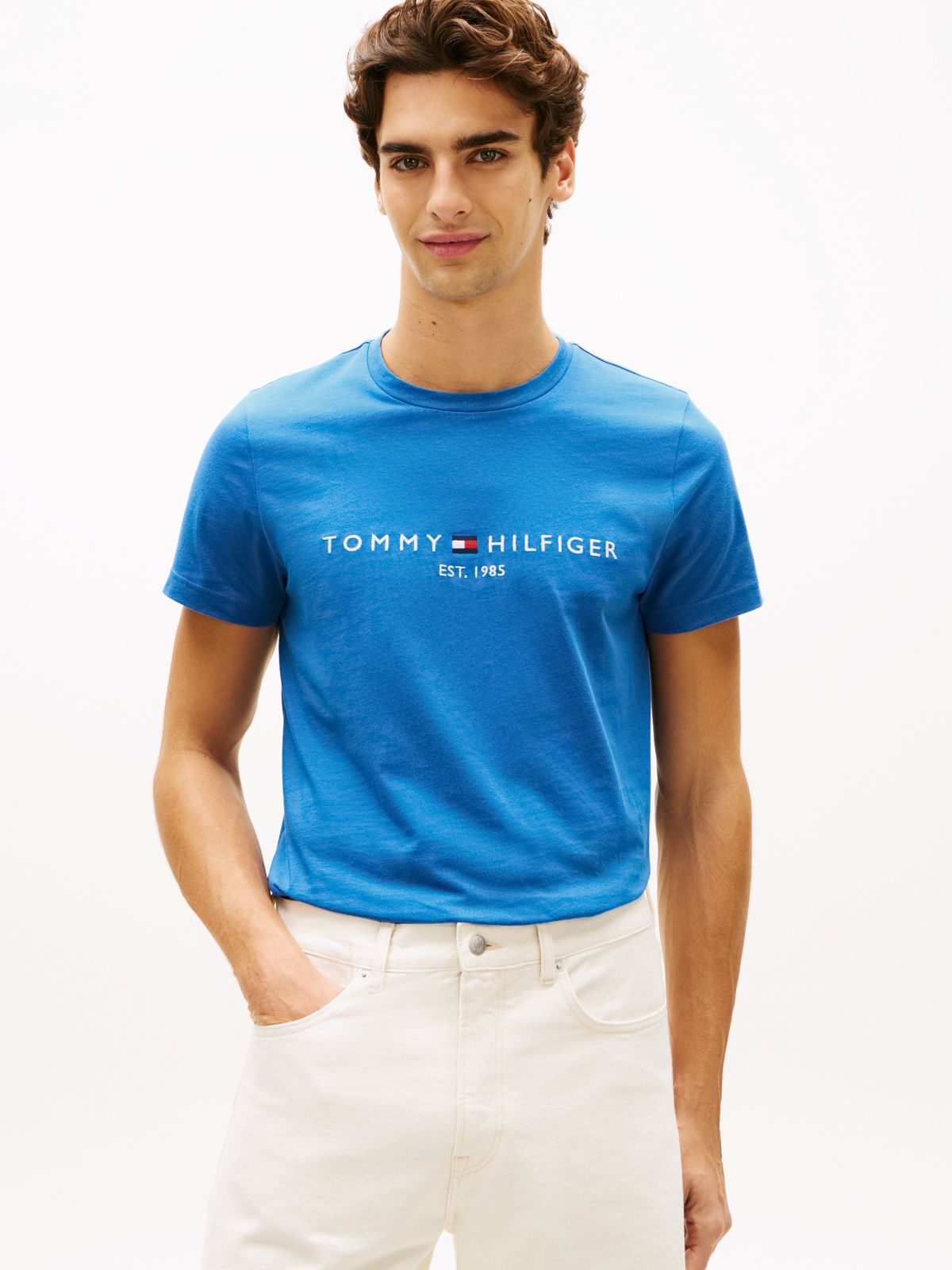 Logo Embroidery Slim Jersey T-Shirt — Blue