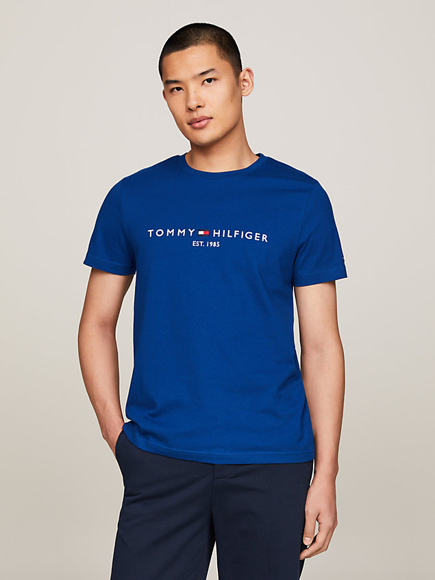 t-shirt slim fit con logo ricamato blue da uomini tommy hilfiger