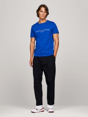 blue slim fit t-shirt mit logo-stickerei für herren - tommy hilfiger