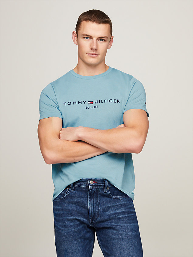 t-shirt slim fit con logo ricamato blue da uomini tommy hilfiger