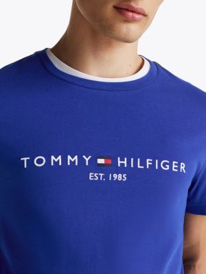 t-shirt ajusté à logo brodé bleu pour hommes tommy hilfiger