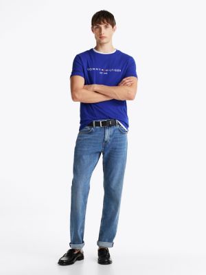 t-shirt ajusté à logo brodé bleu pour hommes tommy hilfiger