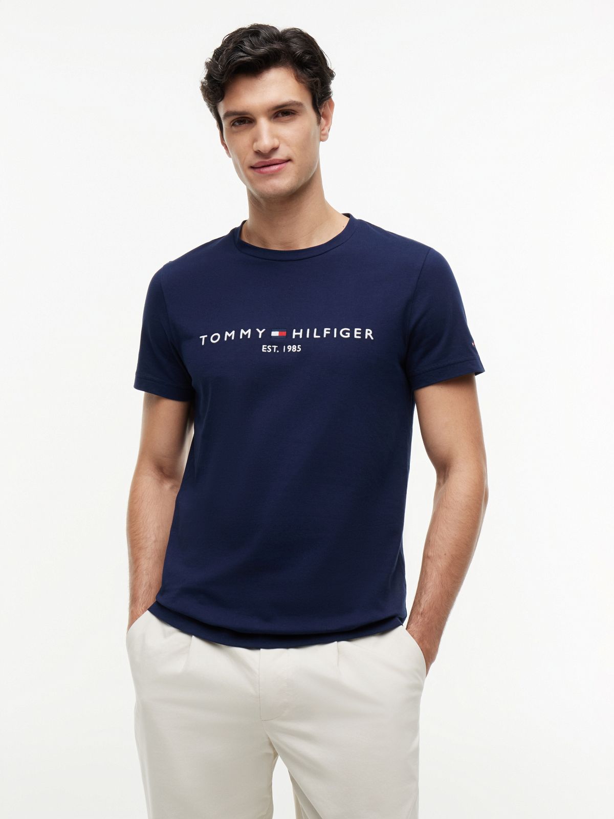 Logo Embroidery Slim Jersey T-Shirt — Blue