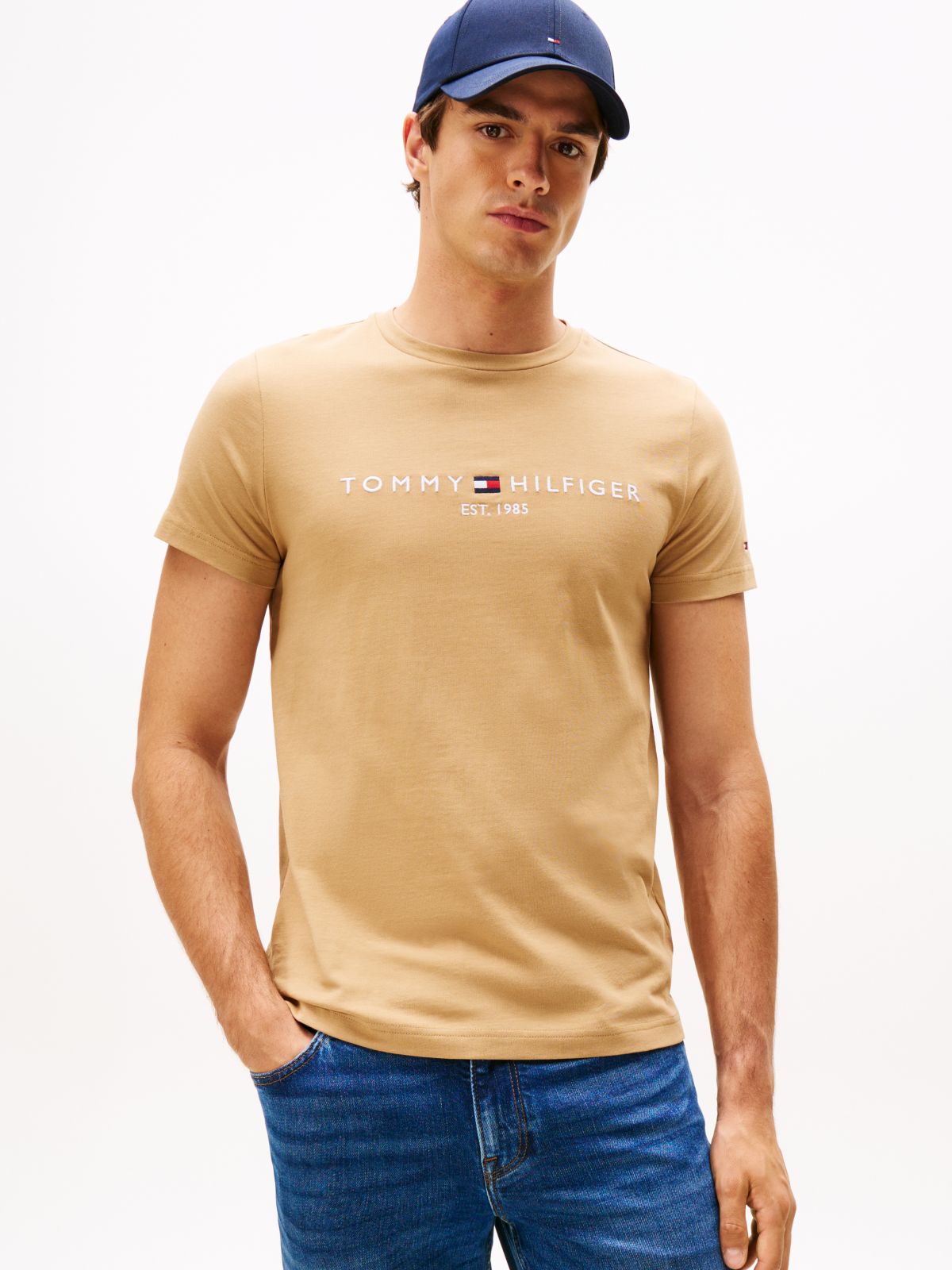 Logo Embroidery Slim Jersey T-Shirt — Beige