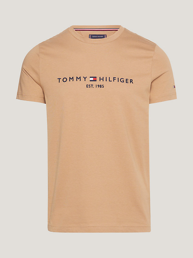 t-shirt slim fit con logo brown da uomo tommy hilfiger