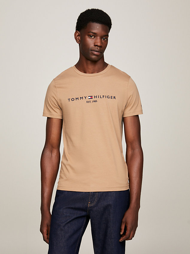 brown logo slim fit crew neck t-shirt for men tommy hilfiger