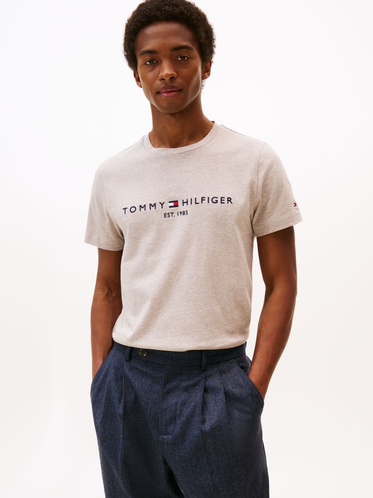 Logo Embroidery Slim Jersey T-Shirt — Grey