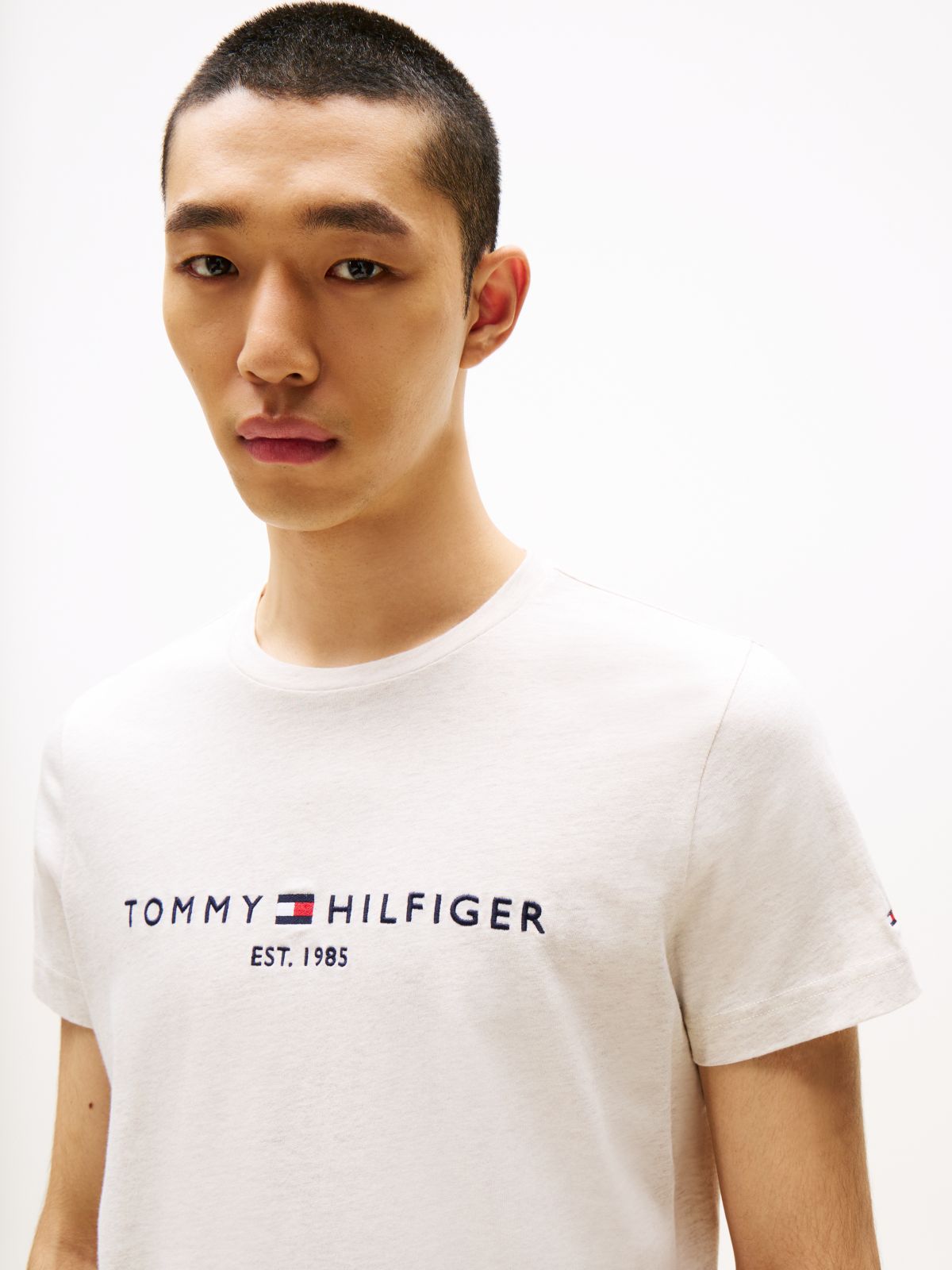Logo Embroidery Slim Jersey T-Shirt — Beige