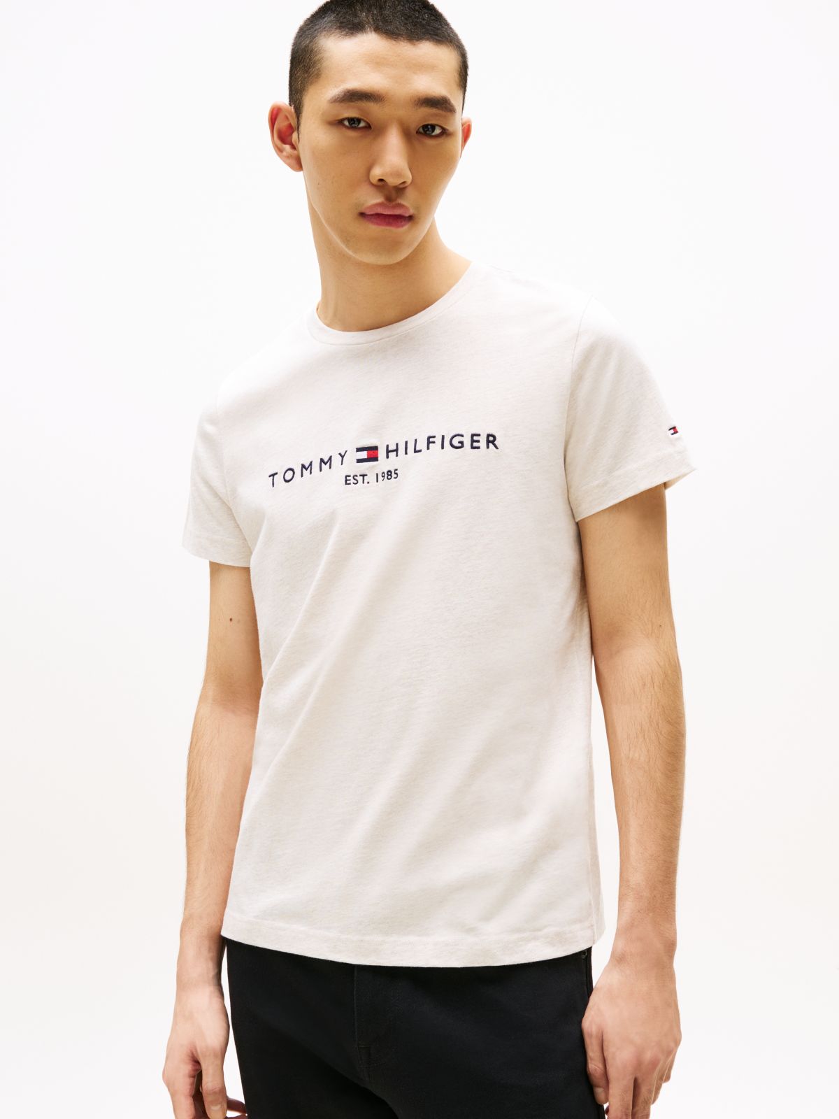 Logo Embroidery Slim Jersey T-Shirt — Beige