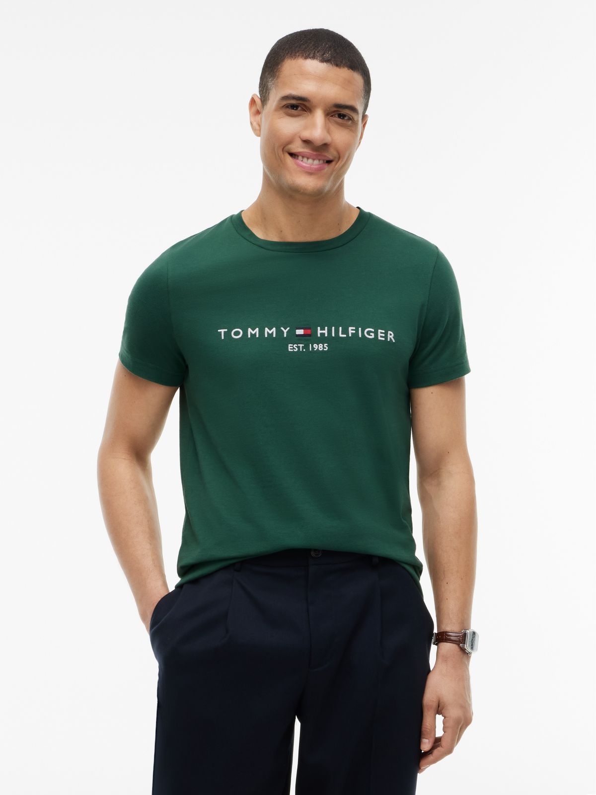 Logo Embroidery Slim Jersey T-Shirt — Green