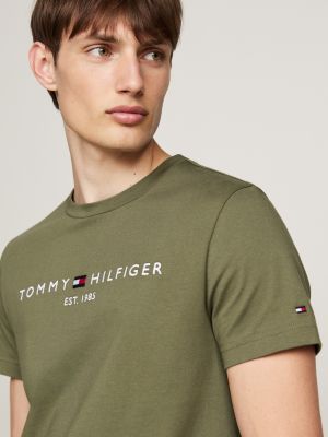 t-shirt slim fit con logo ricamato verde da uomini tommy hilfiger