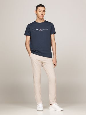 t-shirt slim fit con logo ricamato blu da uomini tommy hilfiger